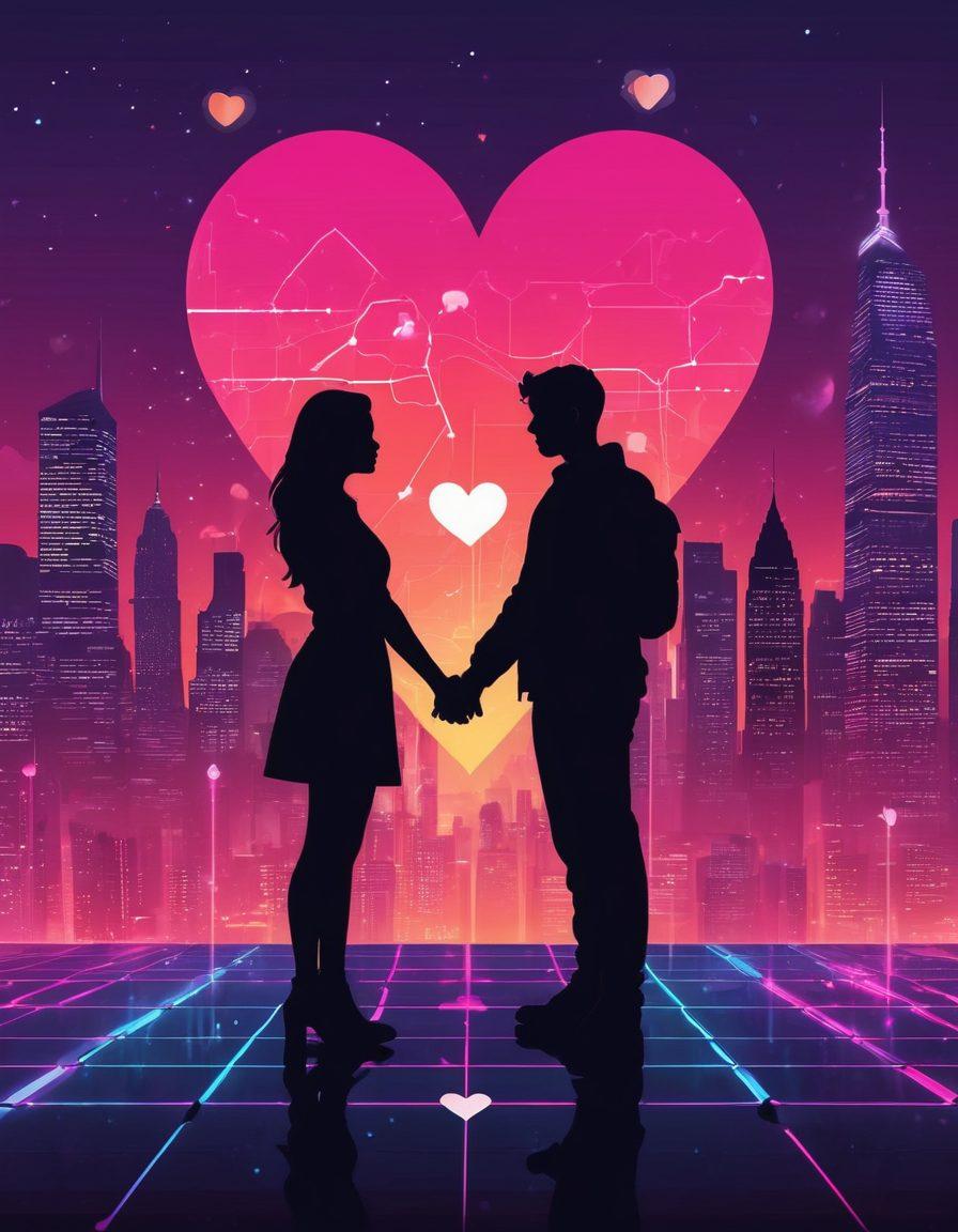 A captivating illustration of a couple holding hands, their silhouettes illuminated by the glow of a smartphone screen displaying a dating app interface. Surround them with a vibrant mix of modern icons representing love, like hearts and location pins. The background should subtly depict a cityscape transitioning into a digital grid, signifying the blend of real and virtual worlds. Energetic and passionate vibes. vector art. vibrant colors.