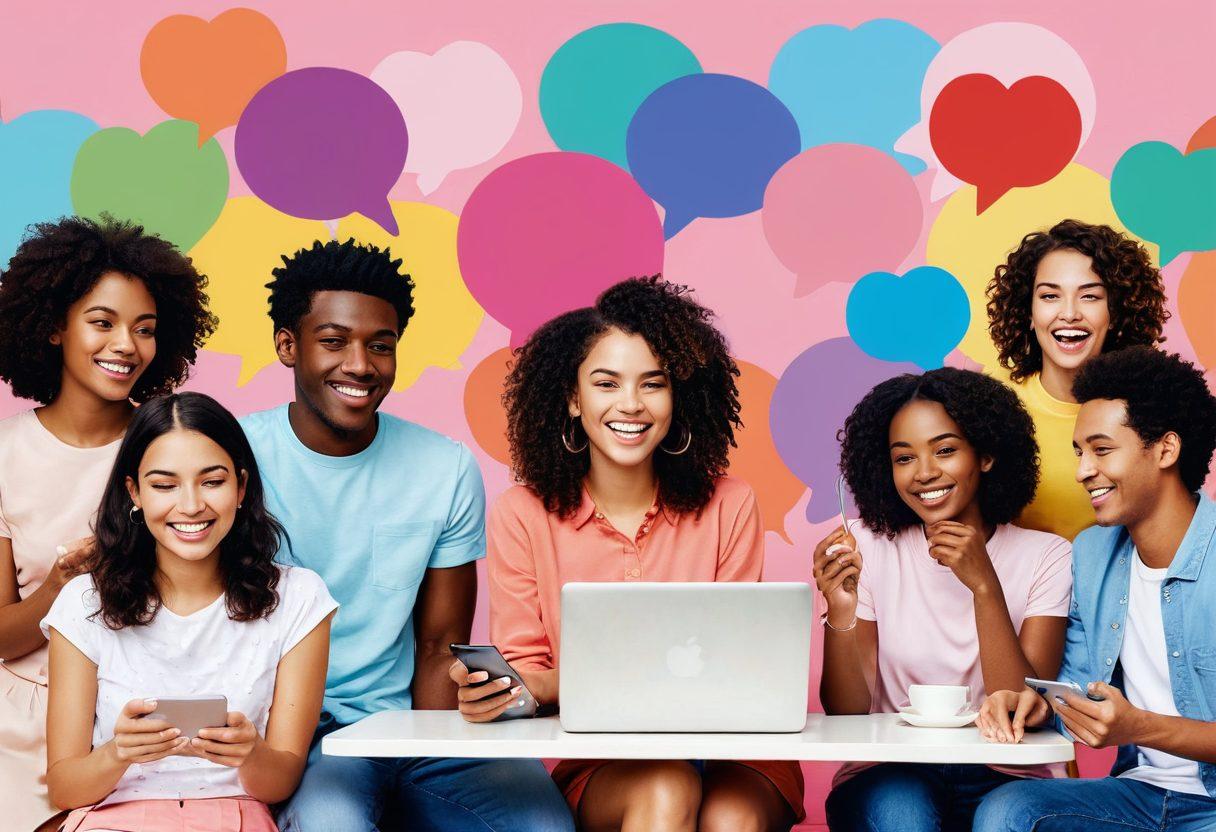 A vibrant, dynamic collage featuring a diverse mix of smiling, ethnically varied singles engaging through their smartphones and laptops. Integrate playful, colorful heart icons and chat bubbles, set against a soft, inviting pastel background. Highlight various communication methods like text, video call, and instant messaging. Blend in the carefree atmosphere of a café or a park where people are relaxed and happy. vector art. vibrant colors.