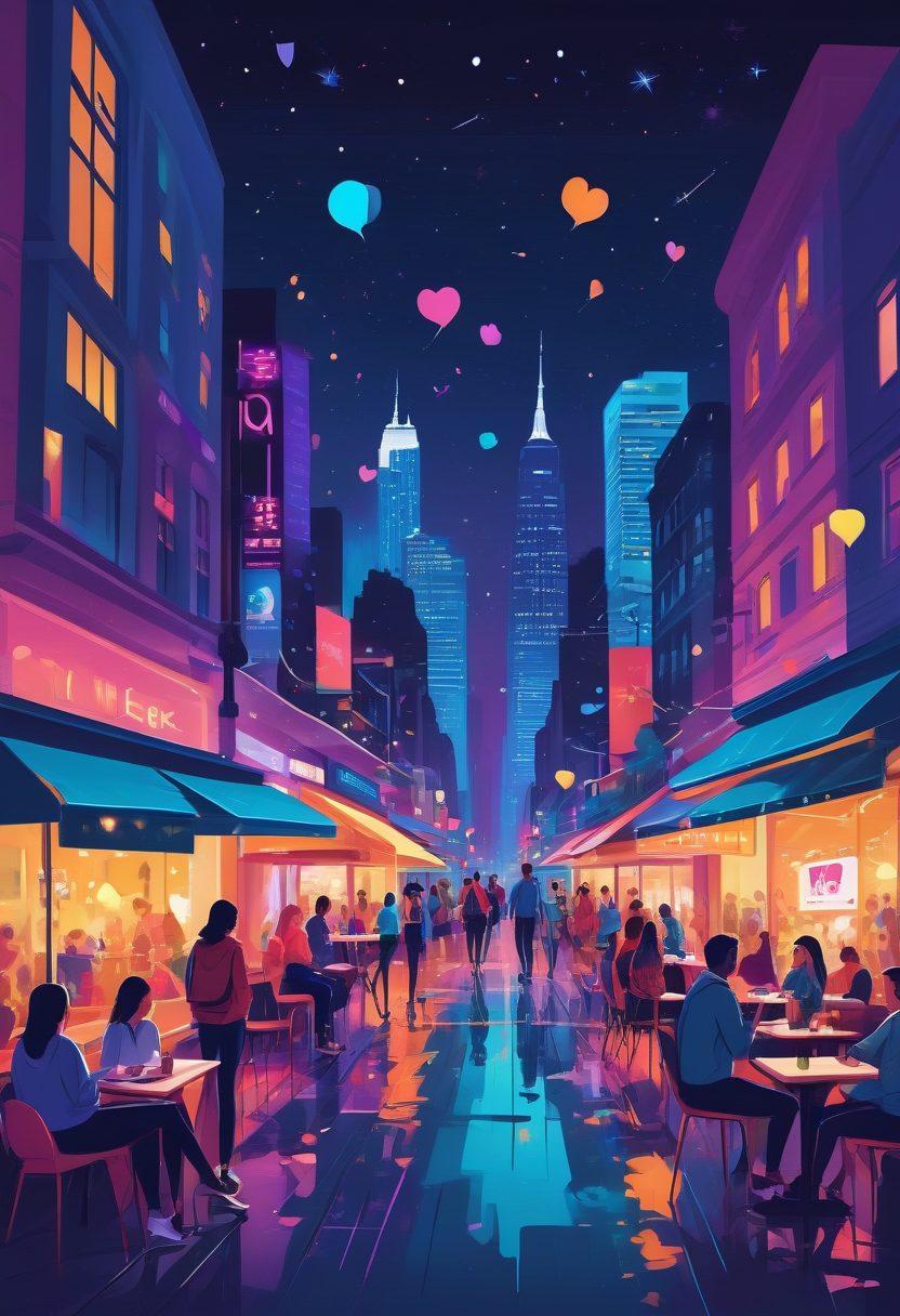 A lively cityscape at night with people using dating apps on their phones, vibrant messages floating around, and couples meeting in cozy cafes and quiet parks; a blend of excitement and intimacy. vibrant colors. modern illustration.